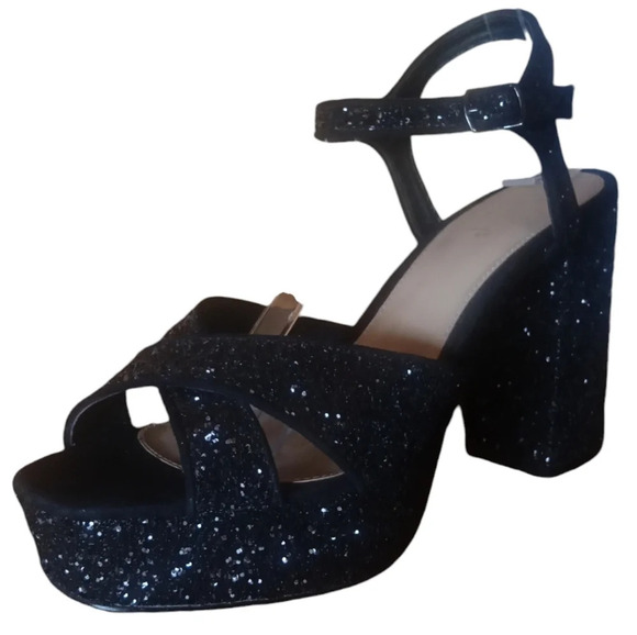 Dolls Kill Shellys London Black Chunky Glitter Platform Strappy Pumps‎ Size 9 - Picture 3 of 10